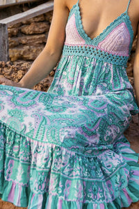 Miss June - Charm Crochet Bust Maxi Dress in Aqua Print - OutDazl