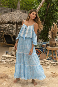 Miss June - Cold Shoulder Maxi Dress Karena in Blue Print - OutDazl