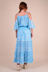 Miss June - Cold Shoulder Maxi Dress Karena in Blue Print - OutDazl