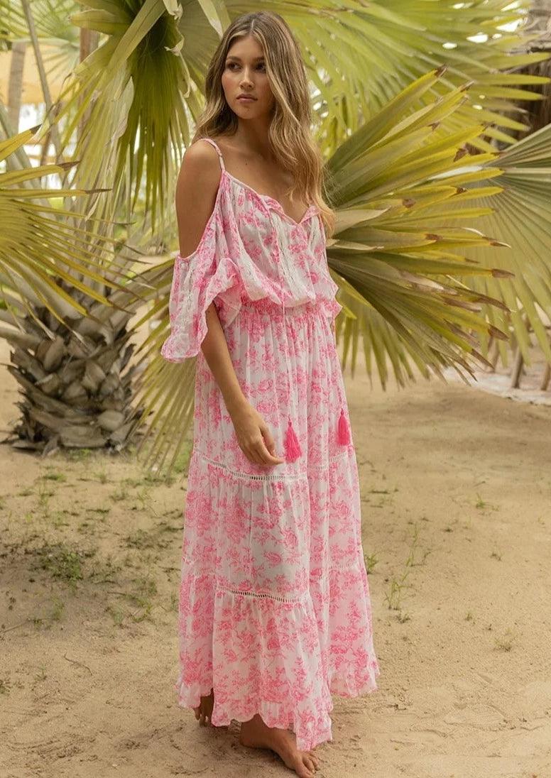 Miss June - Cold Shoulder Maxi Dress Karena in Pink Print - OutDazl