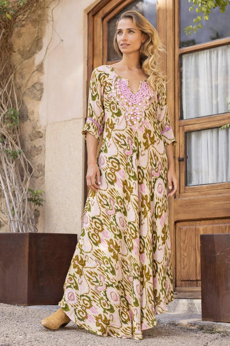 Miss June - Maxi Dress Alep in Khaki Print - OutDazl