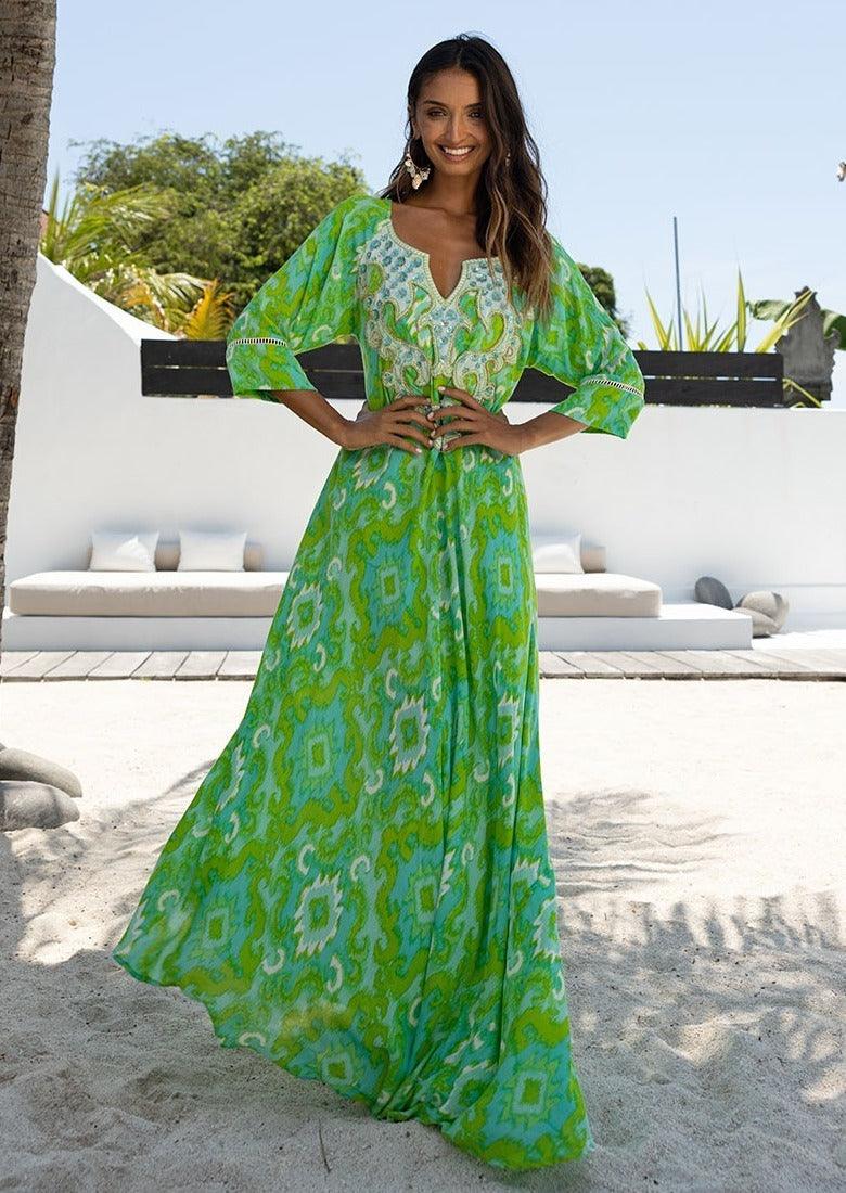 Miss June - Maxi Dress Marga in Green Print - OutDazl