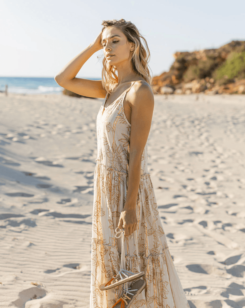 Miss June - Maxi Gold Print Dress Monica - OutDazl