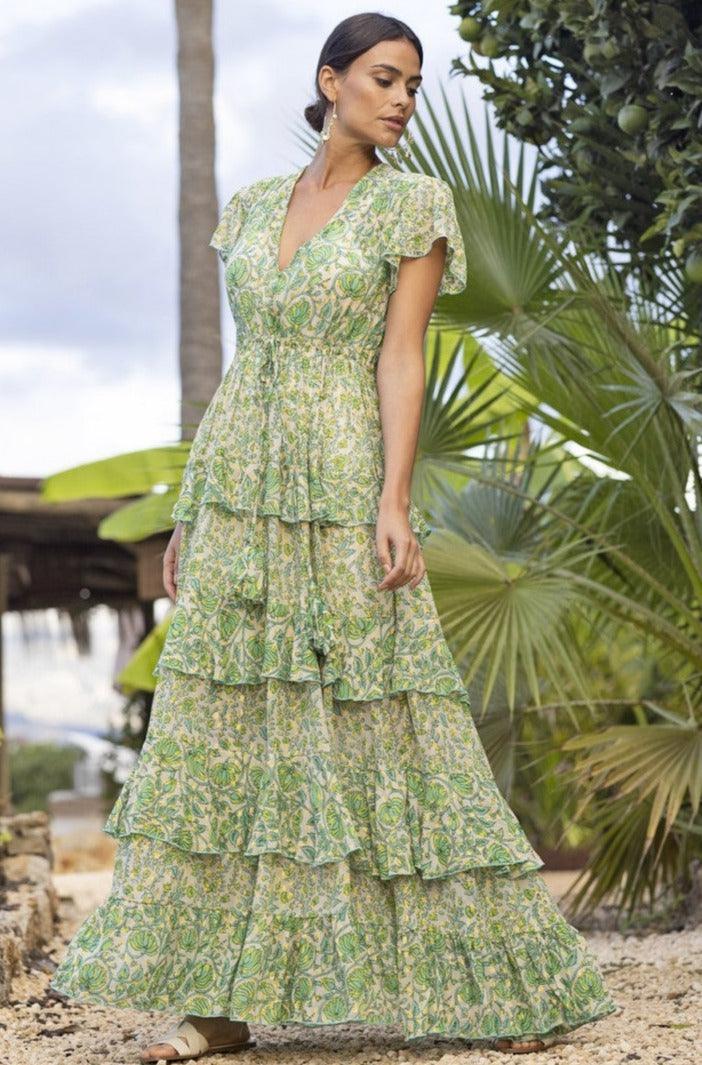 Miss June - Maxi Layered Dress Bluebelle in Green Print - OutDazl