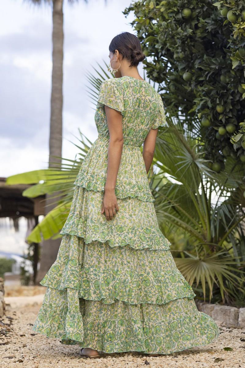 Miss June - Maxi Layered Dress Bluebelle in Green Print - OutDazl