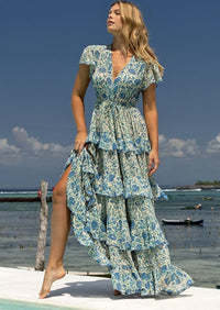 Miss June - Maxi Layered Dress Icy in Blue Print - OutDazl