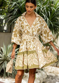 Miss June - Mini Dress Leona in Olive Print - OutDazl