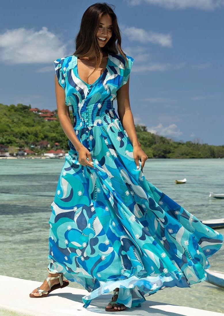 Miss June - Miss June Maxi Print Dress Scarlet in Blue Print - OutDazl