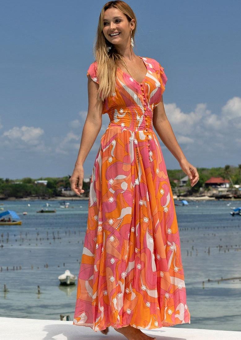 Miss June - Miss June Maxi Print Dress Scarlet in Orange Print - OutDazl