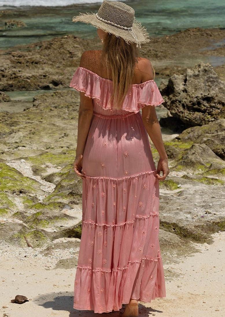Miss June - Off Shoulder Maxi Dress Kate in Pink - OutDazl
