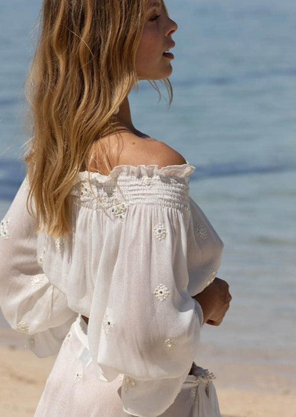 Miss June - Off White Embroidery Off The Shoulder Top Maeve - OutDazl