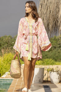 Miss June - Pink Leaf Print Kimono Dress Milos - OutDazl