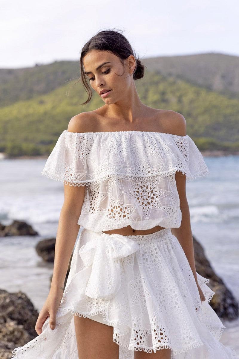 Miss June - White Embroidery Off The Shoulder Top Alegria - OutDazl
