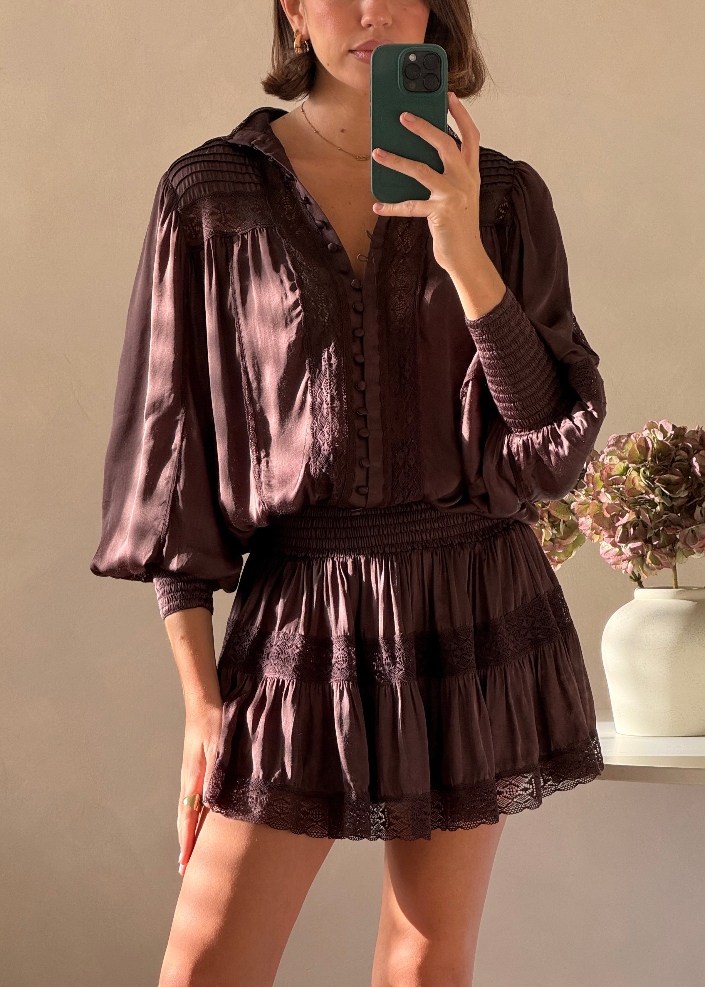 Lace Trimmed Mini Dress Moncur in Chocolate