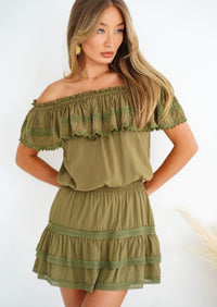 Olive Off Shoulder Ruffled Voile Mini Dress Lily