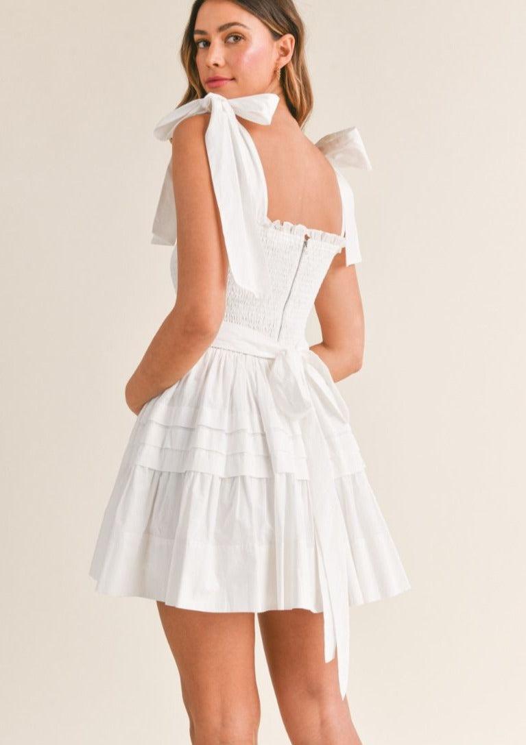 OutDazl - Bow Tie Shoulder Pintuck Mini Dress - OutDazl