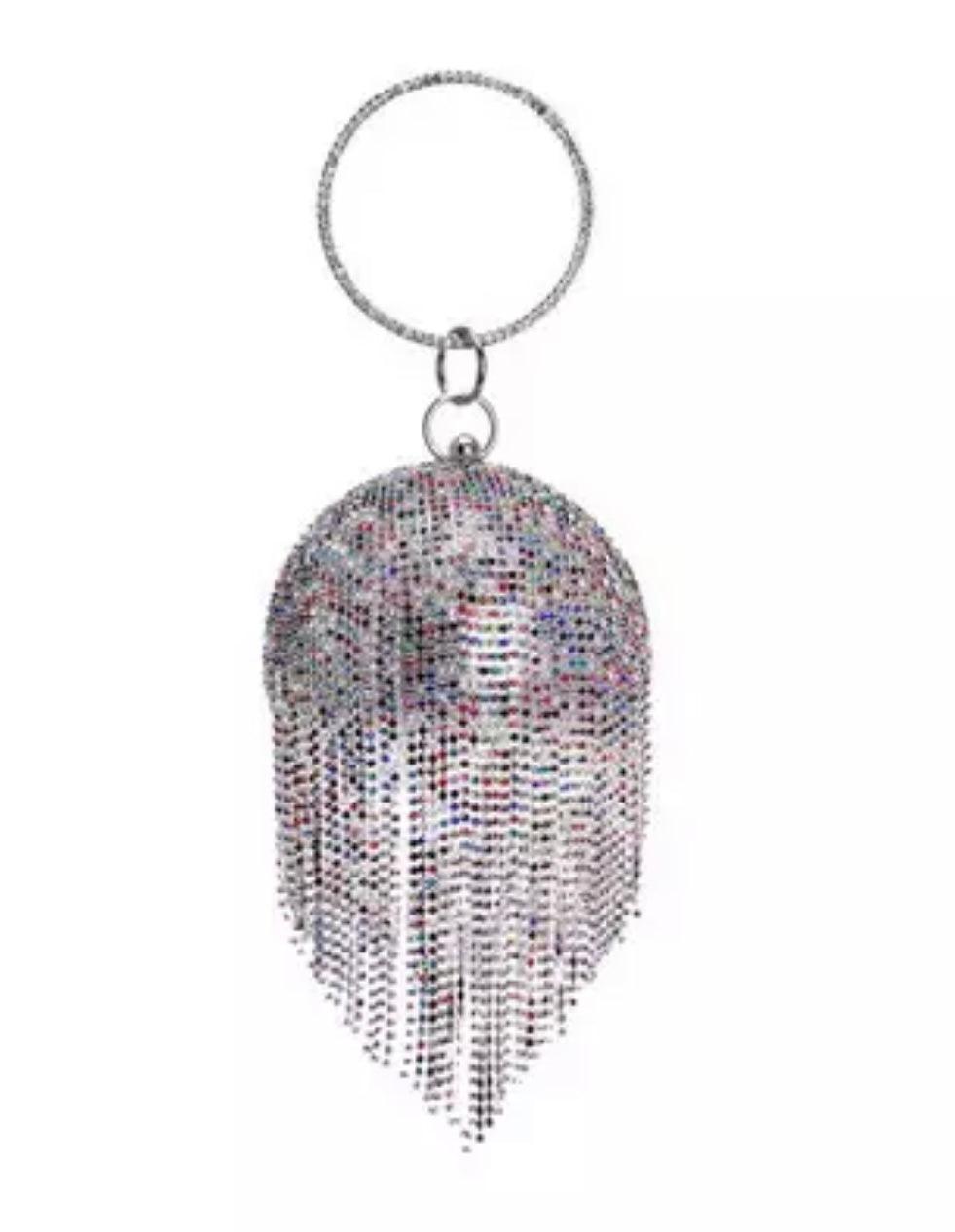 OutDazl - Circular Wristlet Clutch in Silver Multi Tassel Diamente - OutDazl