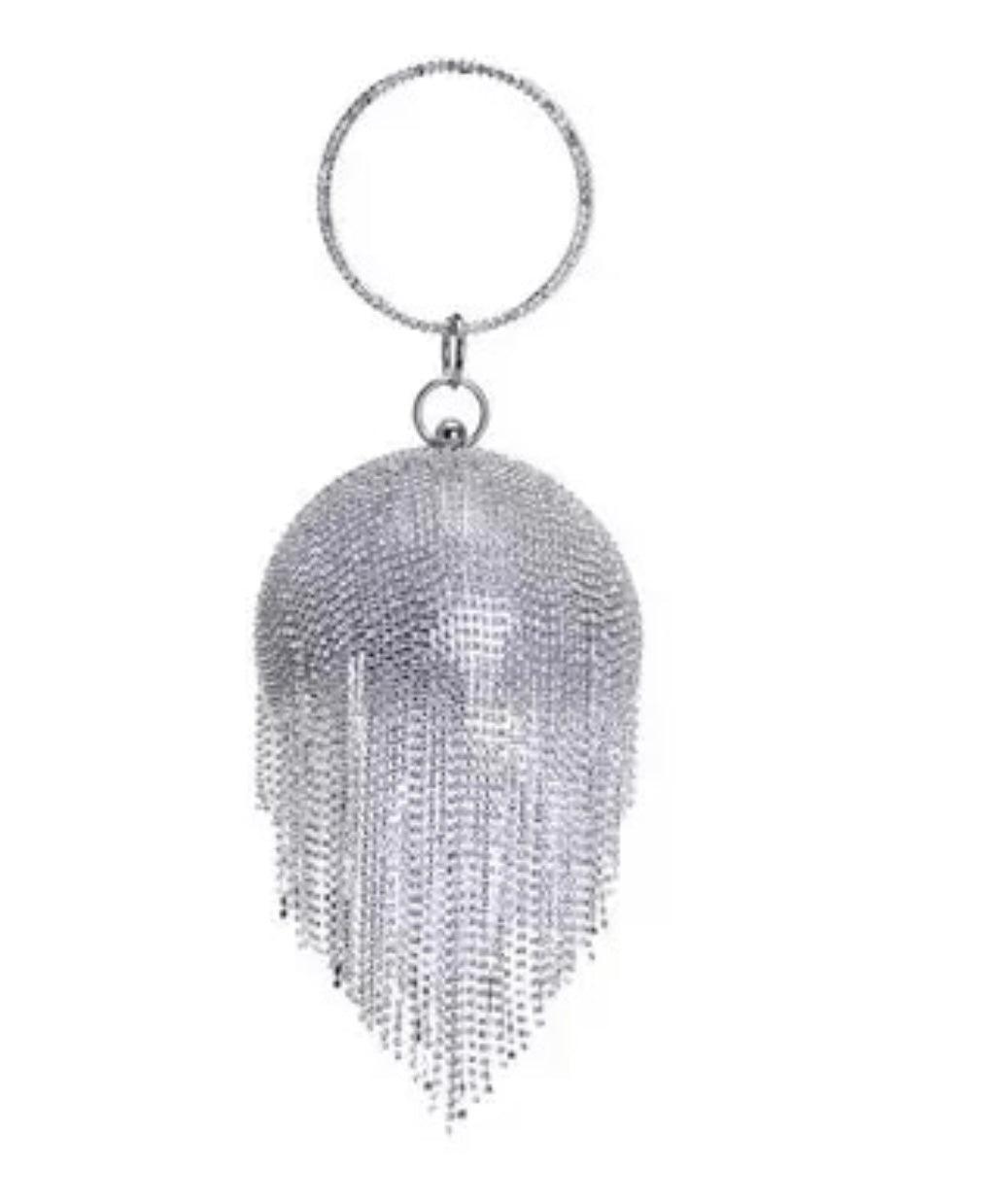 OutDazl - Circular Wristlet Clutch in Silver Tassel Diamente - OutDazl