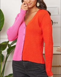 OutDazl - Colour Block Knit Cardigan in Fuschia/Red - OutDazl