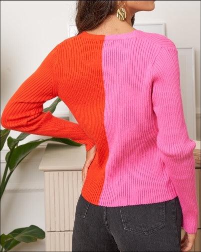 OutDazl - Colour Block Knit Cardigan in Fuschia/Red - OutDazl