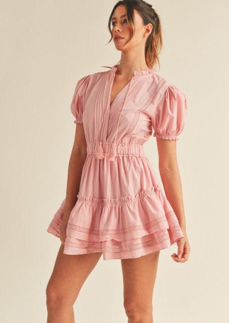 OutDazl - Eyelet Lace Mini Ruffled Tiered Dress in Rose - OutDazl