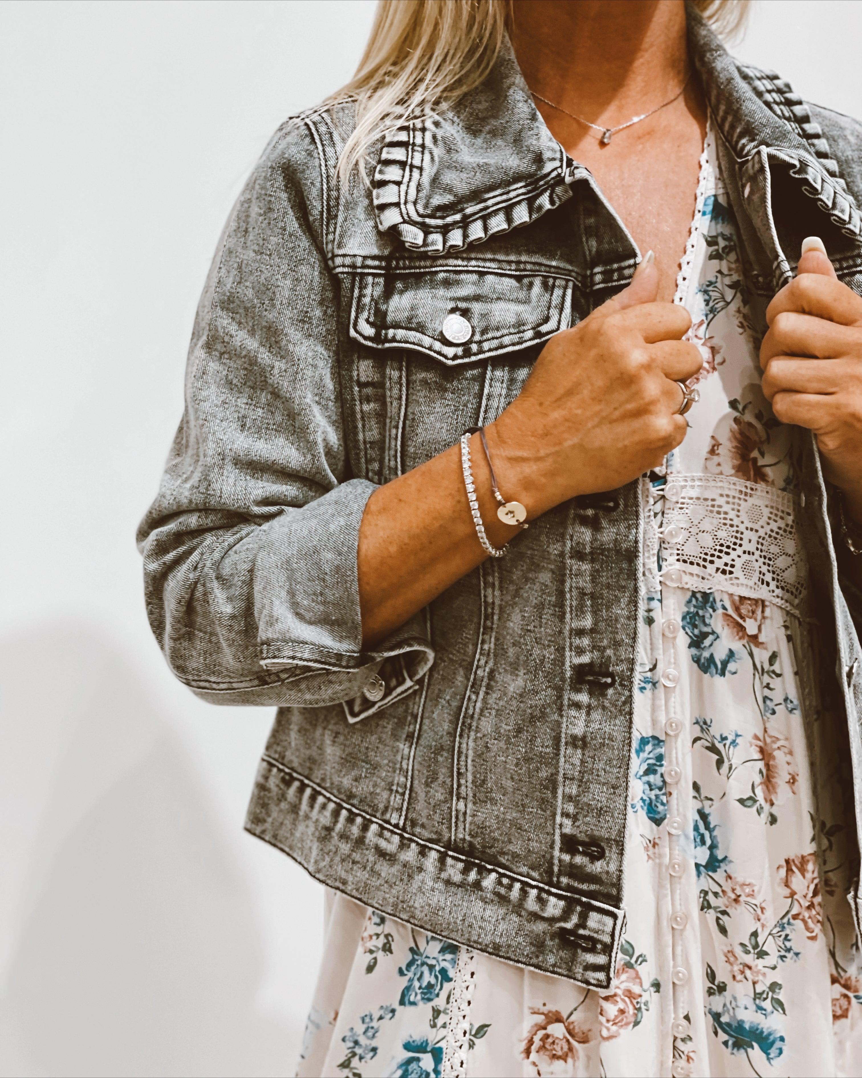 Denim jacket with hot sale frill shoulders