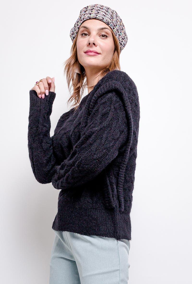 Jacquard-patterned cable-knit wool blend sweater in Black – OutDazl