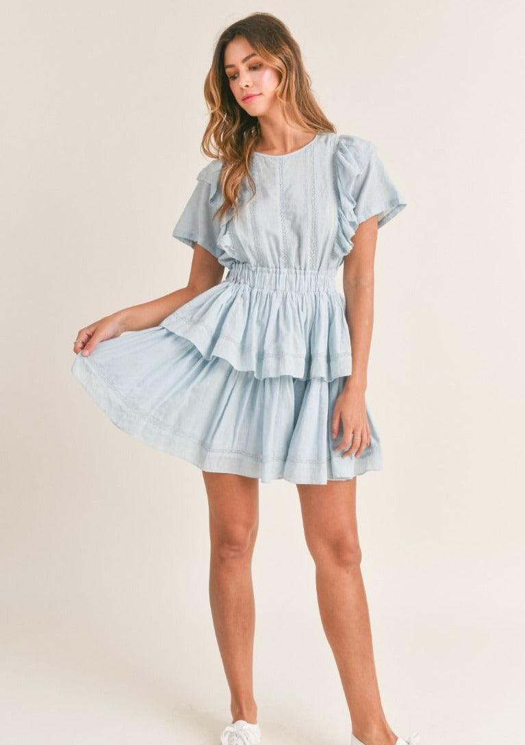 OutDazl - Lace Trim Shirred Layered Dress - OutDazl