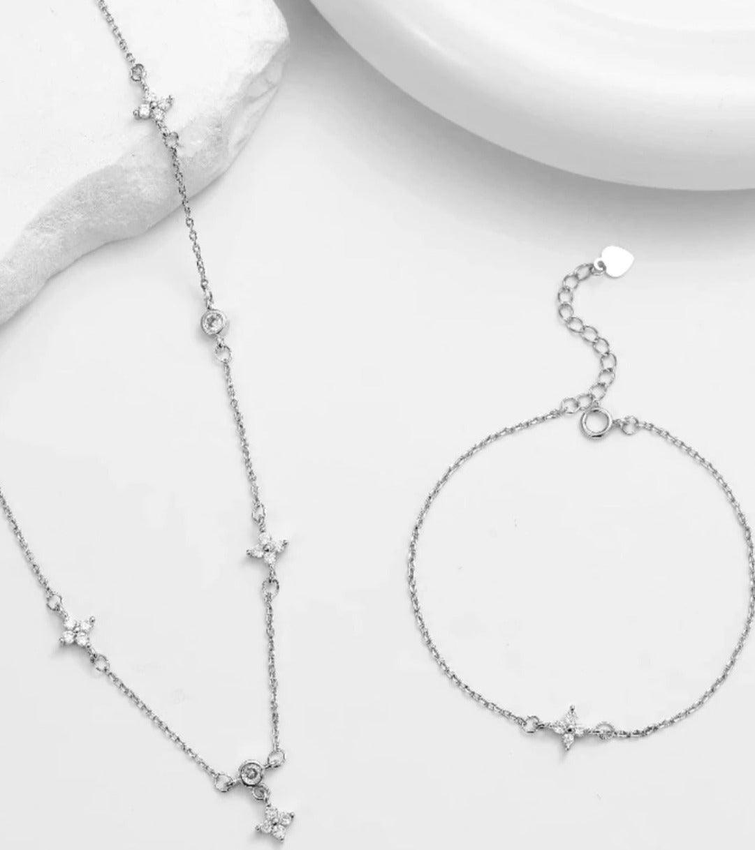 OutDazl - Link Chain Zircona Flower Necklace & Bracelet Set - OutDazl