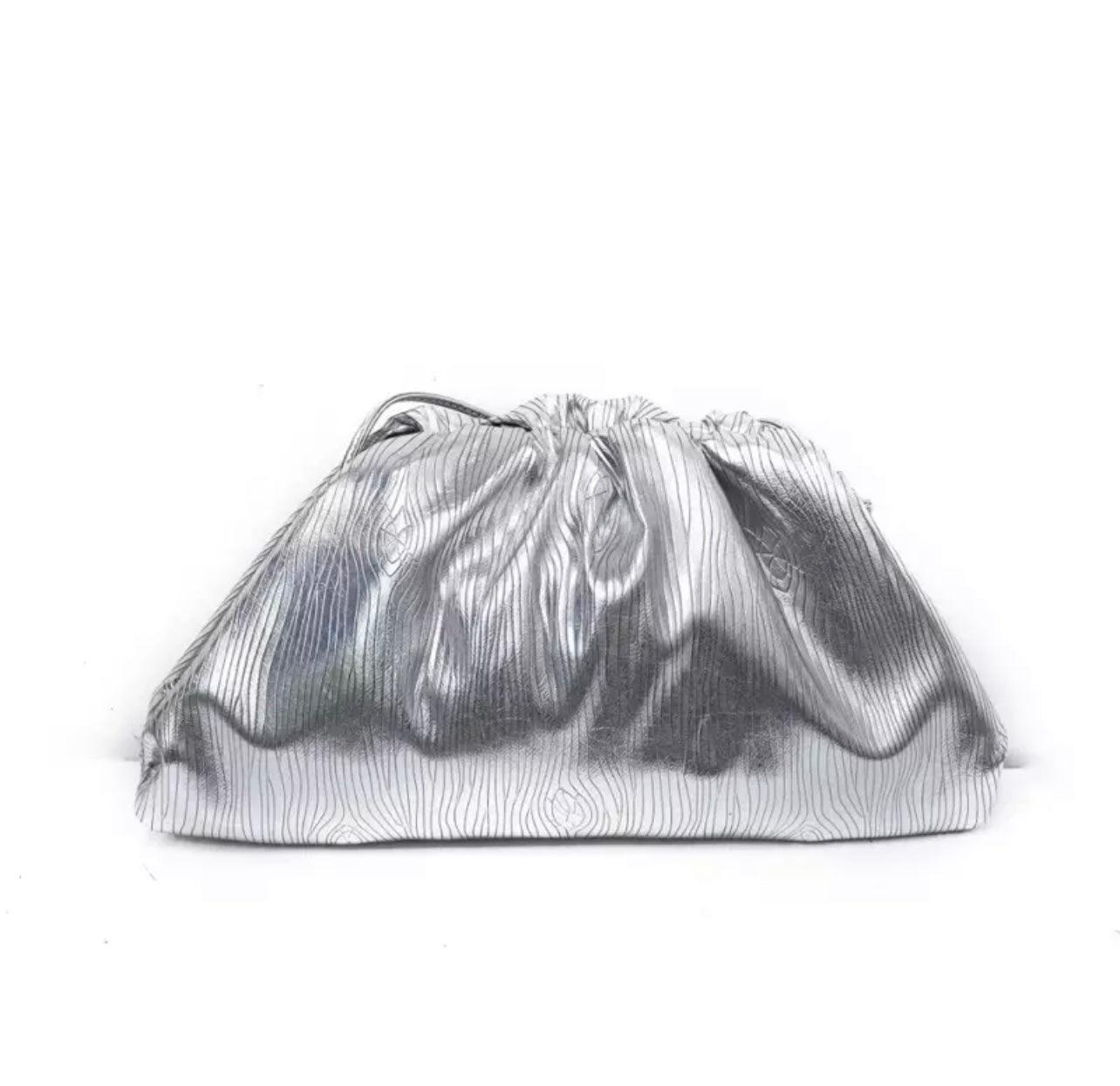 OutDazl - Metallised Gathered PU Clutch bag in Silver - OutDazl