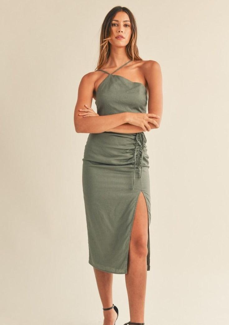OutDazl - One Strap Cut Out Ruched Slit Midi Dress - OutDazl