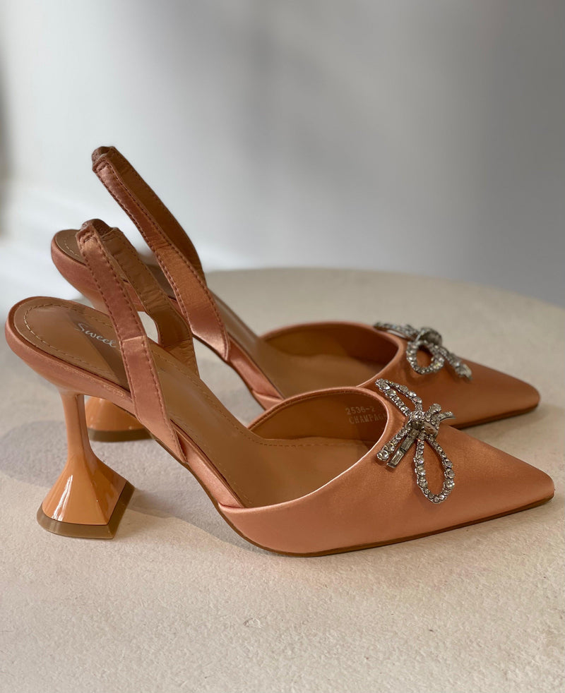OutDazl - Rosie Crystal Embellished Satin Pumps in Peach - OutDazl