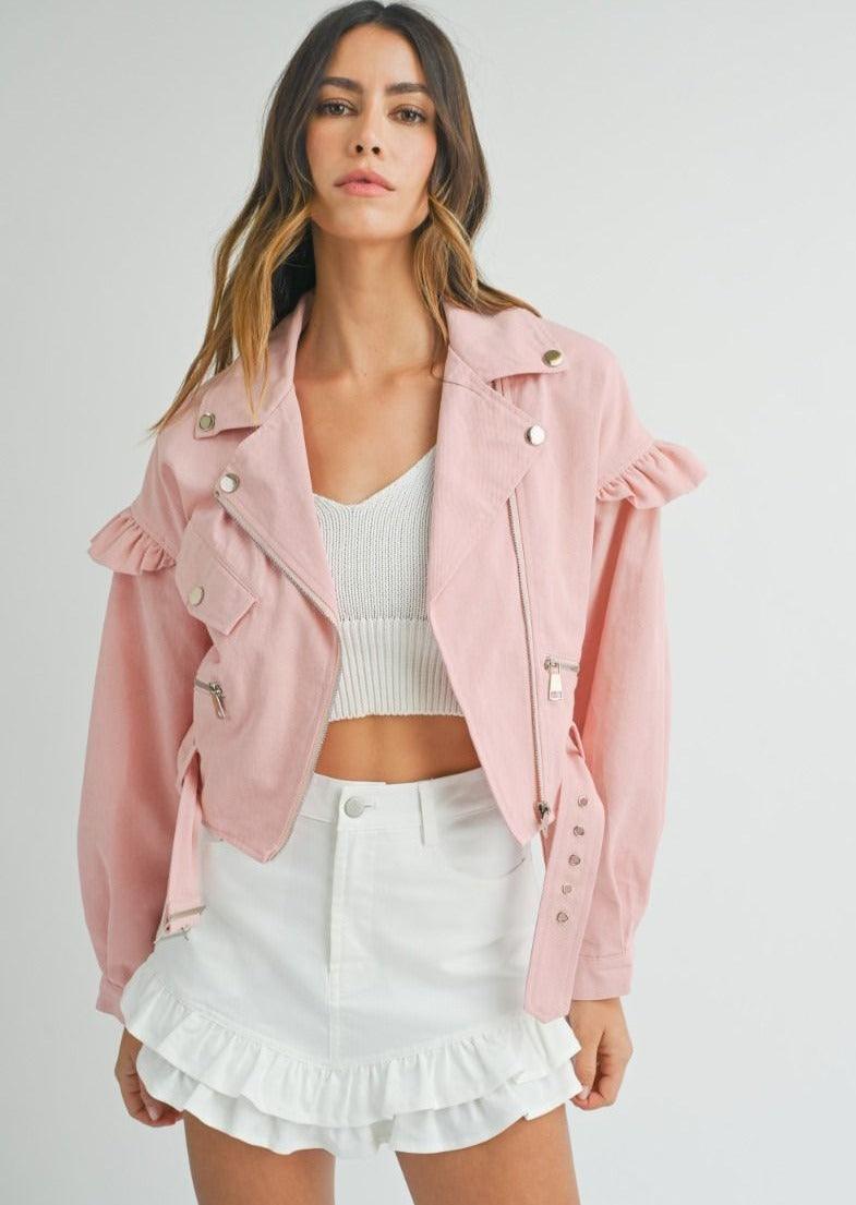 OutDazl - Ruffle Moto Jacket in Pink - OutDazl