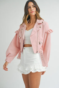 OutDazl - Ruffle Moto Jacket in Pink - OutDazl