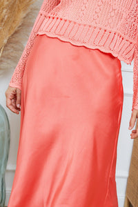 OutDazl - Satiny Midi Skirt in Coral - OutDazl