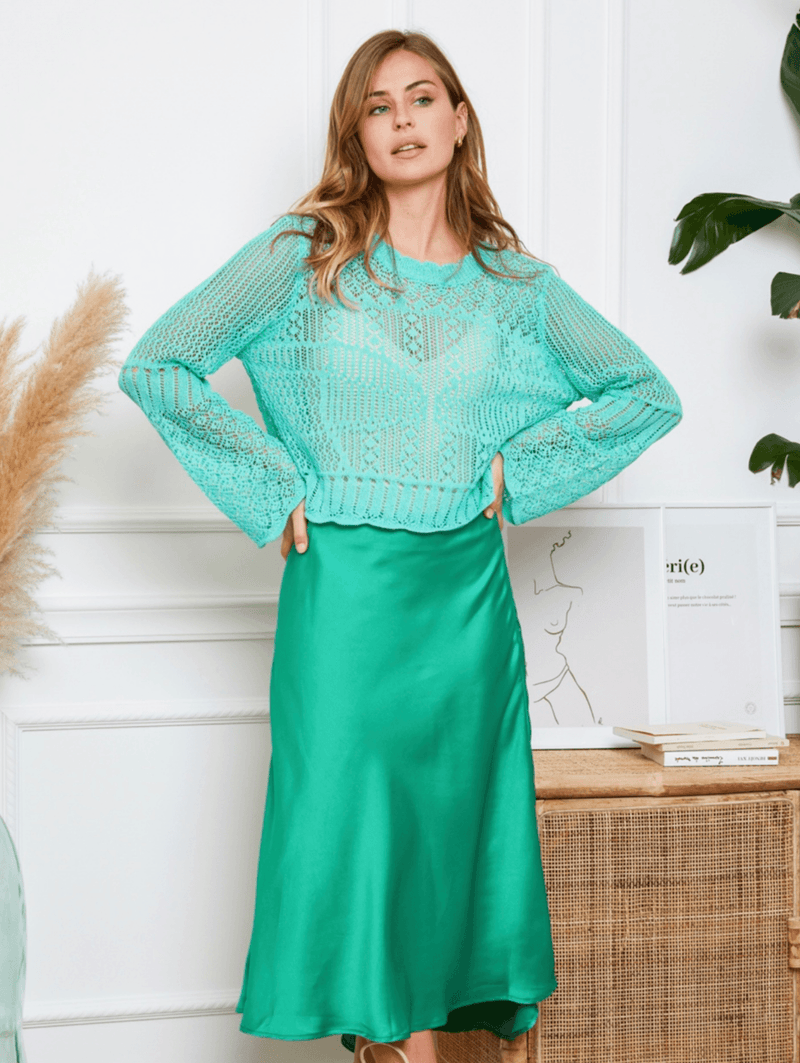 OutDazl - Satiny Midi Skirt in Emerald Green - OutDazl