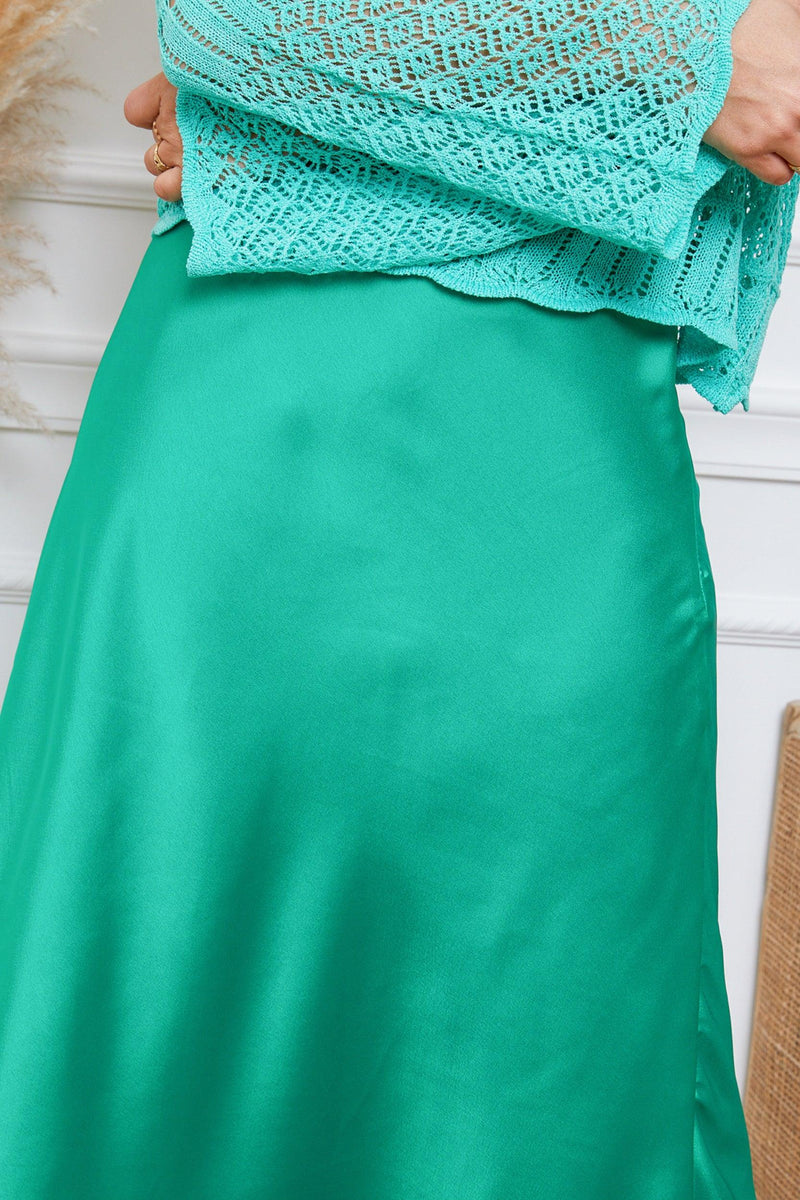 OutDazl - Satiny Midi Skirt in Emerald Green - OutDazl