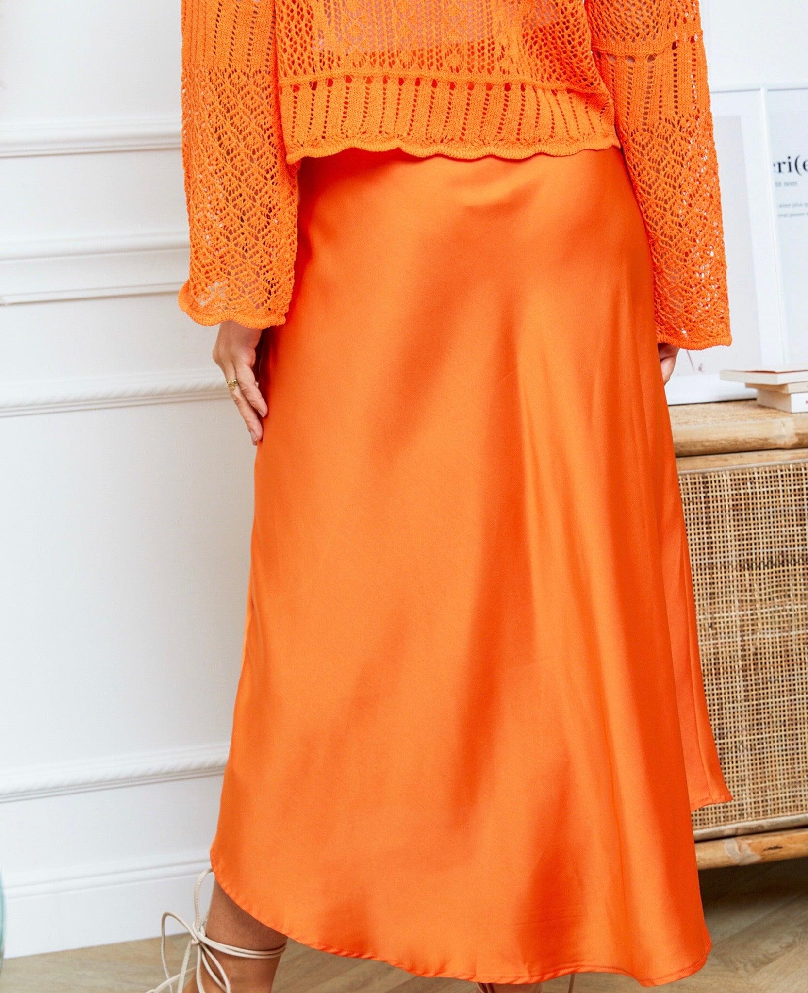 OutDazl - Satiny Midi Skirt in Orange - OutDazl