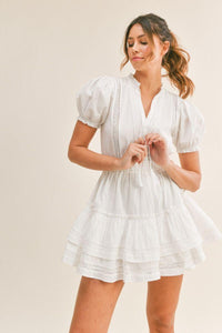 OutDazl - White Cotton Mini Ruffled Dress Bianca - OutDazl