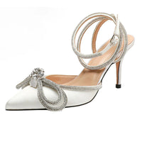 OutDazl - White Satin Double Bow Jewel Pumps - OutDazl
