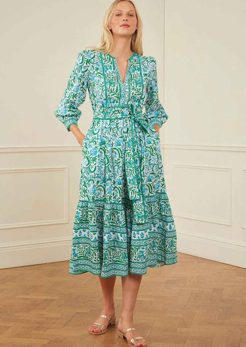 Block Print Prairie Dress Aqua Mix