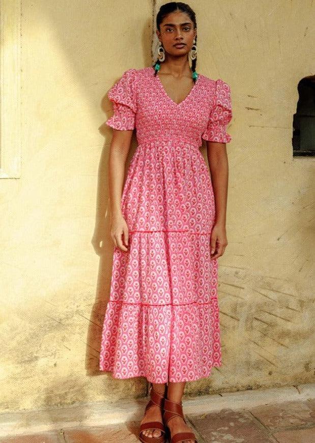 Pink City Prints - Isabel V neck Dress in Jaipur Rose - OutDazl