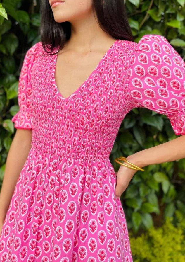 Pink City Prints - Isabel V neck Dress in Jaipur Rose - OutDazl
