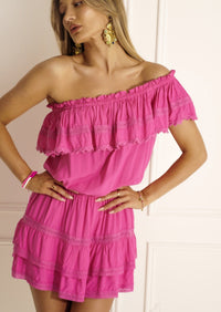 Hot Pink Off Shoulder Ruffled Voile Mini Dress Lily