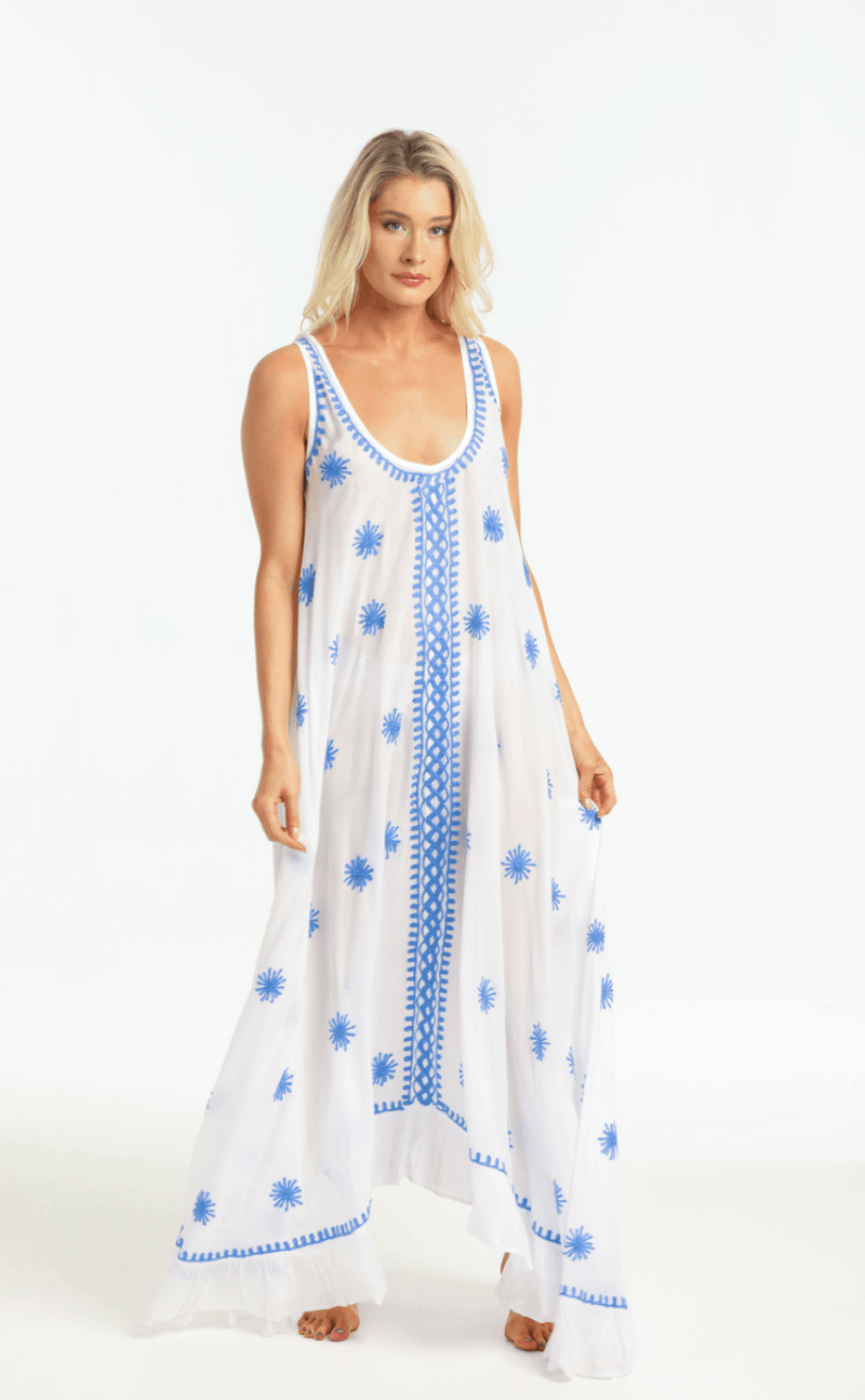 PRANELLA - Beatrice Maxi Dress in White & Blue - OutDazl