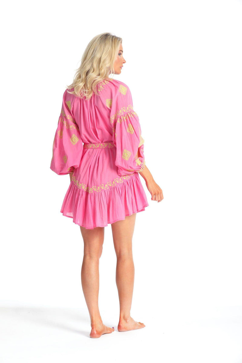 PRANELLA - Daisy Embroidery Dress in Neon Pink Lime - OutDazl