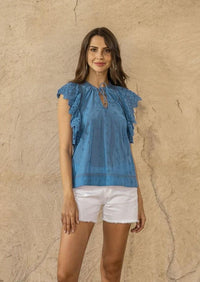 Scarlett Poppies - Era Eyelet Embroidery Top in Blue - OutDazl