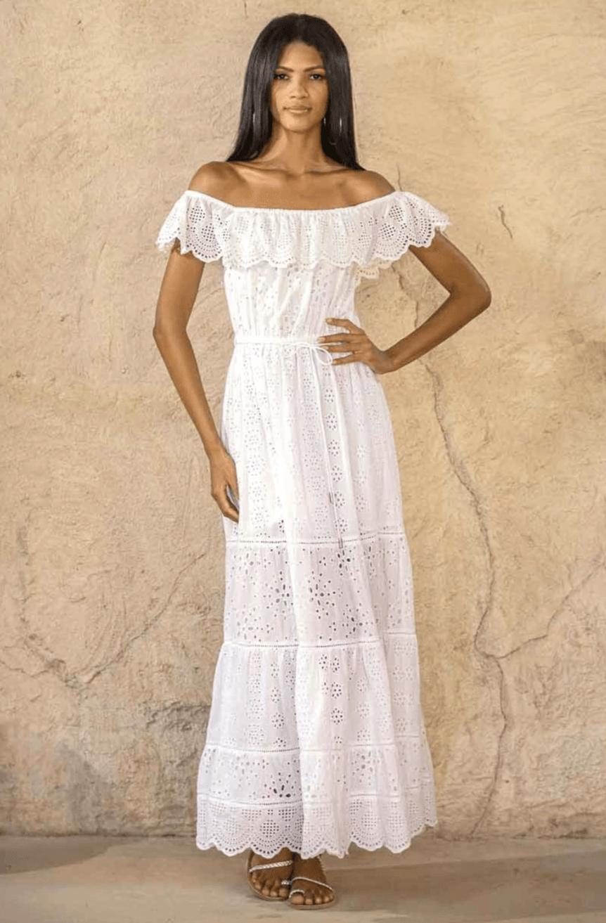 Scarlett Poppies - Happier Eyelet Embroidery Off the Shoulder Dress in Crispy White - OutDazl