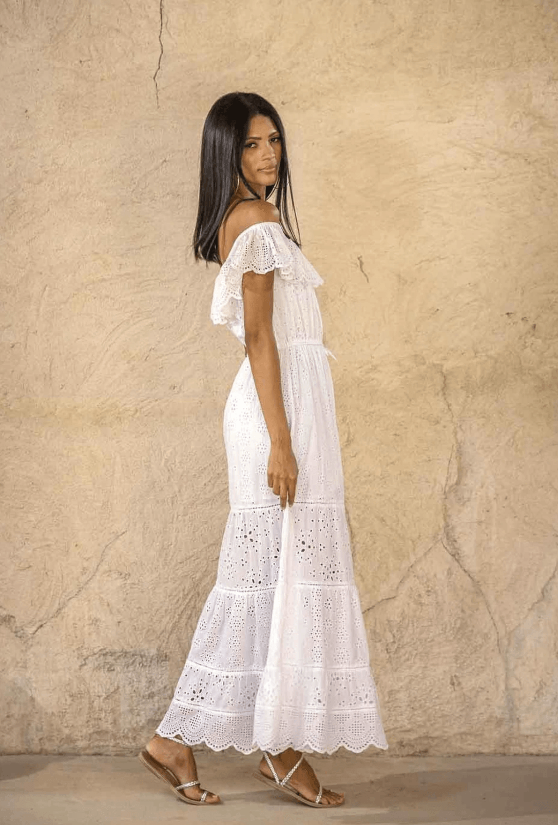 Scarlett Poppies - Happier Eyelet Embroidery Off the Shoulder Dress in Crispy White - OutDazl