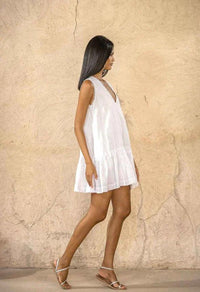 Scarlett Poppies - In The Loops Dress Sleeveless Linen Short Dress in Crispy White - OutDazl